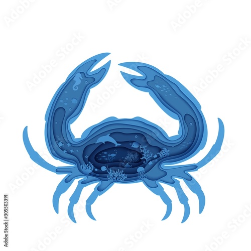 Silhouette of crab cut out of paper. Papercut marine butterflyfish, jellyfish, moonfish, turtle. Craft underwater ocean cave with fishes, coral reef, seabed algae waves, Vector World Ocean Day concept