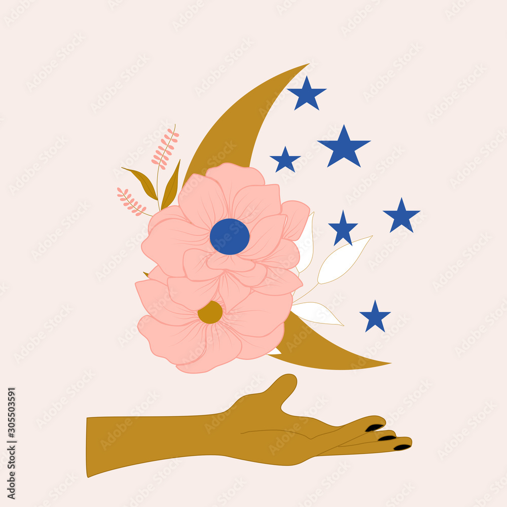 Golden moon, flowers and moon, vector illustration