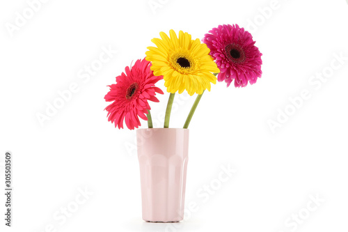 Ceramic vase with gerbera flowers isolated on white background