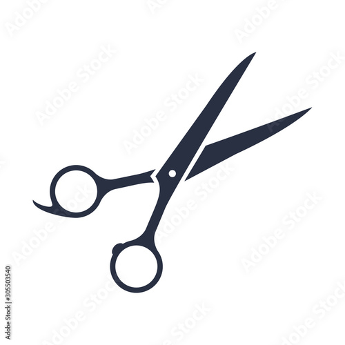 Scissors glyph icon. Haircutting shears. Cutting instrument with finger brace, tang. Hairdressing instrument.