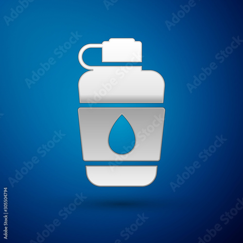 Silver Canteen water bottle icon isolated on blue background. Tourist flask icon. Jar of water use in the campaign.  Vector Illustration