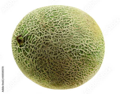 Delicious cantaloupe melon isolated on white background with copy space for text or images. Side view. Close-up shot.