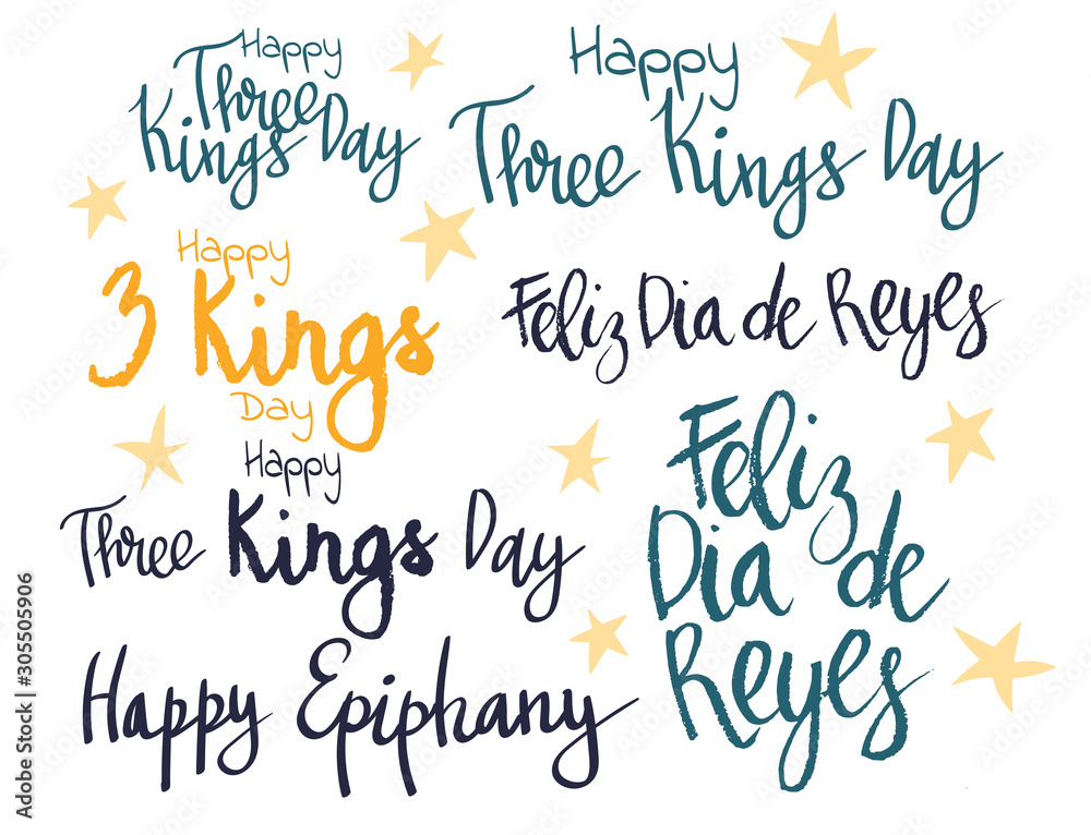 Fototapeta Three Kings Day celebration handwritten lettering phrase vector art set. Caption translation: Happy Three Kings Day