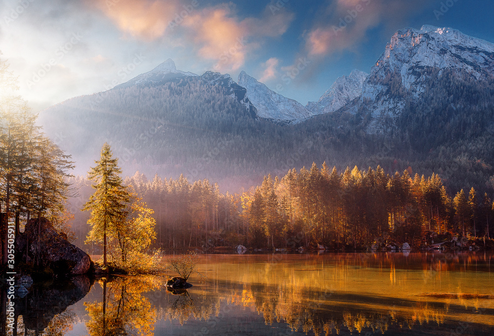 Fototapeta Wonderful Colorful Sunset at Hintersee Lake in Bavarian Alps. Awesome Alpine Highlands during sunrise. Amazing Autumn Natural Background. Incredible Nature Landscape. Beautiful locations of the World.