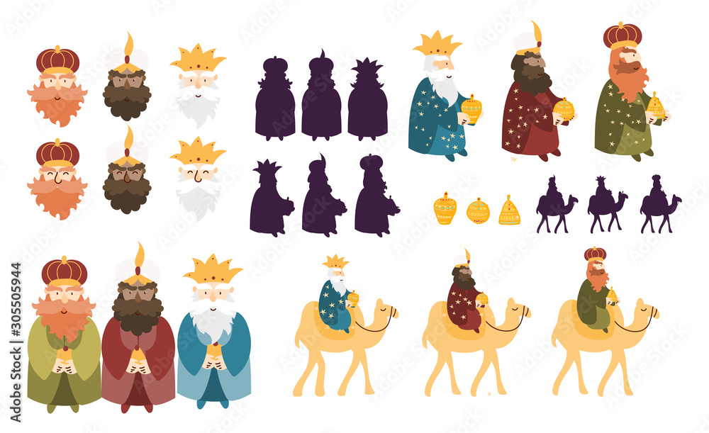 Happy Three Kings Day celebration. Cute cartoon characters of three wise men vector art set. - obrazy, fototapety, plakaty 