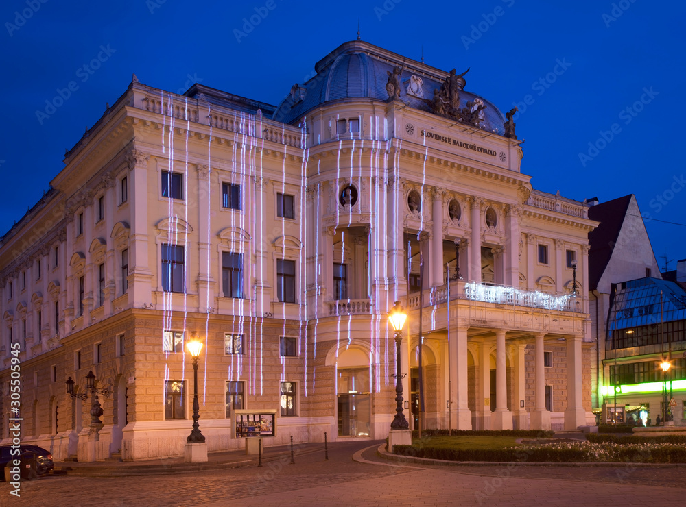 Holiday decorations of Slovak national theatre at Hviezdoslav square (Hviezdoslavovo namestie) in Bratislava. Slovakia