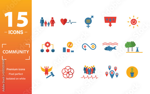 Community icon set. Include creative elements family, gender equality, infrastructure, life under water, peace and justice icons. Can be used for report, presentation, diagram, web design