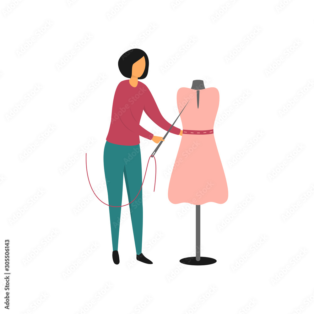 A seamstress with a needle and thread sews a pink dress on a mannequin. Worker atelier, fashion house, workshop for tailoring, sewing studio. Flat vector illustration isolated on white background. A seamstress with a needle and thread sews a pink dress on a mannequin. Worker atelier, fashion house, workshop for tailoring, sewing studio. Flat vector illustration isolated on white background.