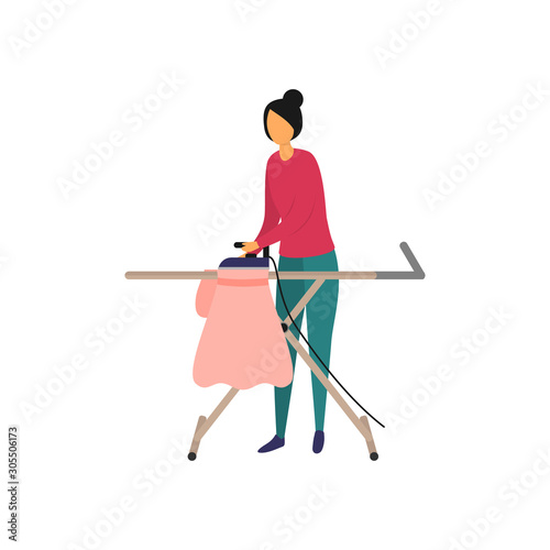 A woman is stroking a dress on an ironing board at home, at work. Worker atelier, fashion house, workshop for tailoring, sewing studio. Flat vector illustration isolated on white background.