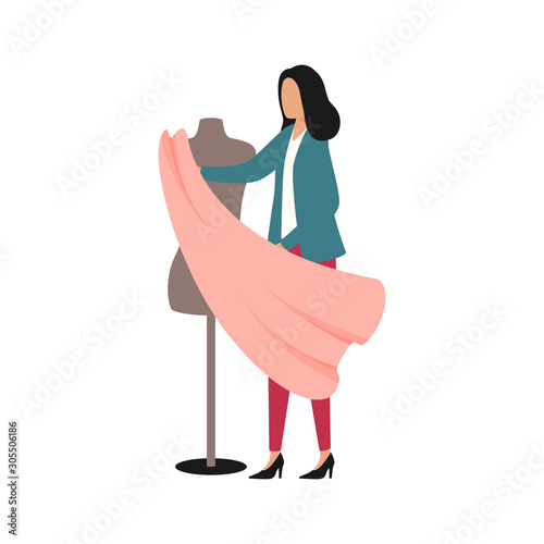 Fashion designer trying on fabric on a mannequin. Flat vector illustration. Woman holds in her hands a cut of textile for tailoring a dress. Seamstress in the atelier, workshop, sewing studio.
