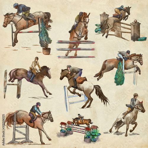 Horses - show jumping. Colored collection, pack of freehand sketches. Line art on paper.