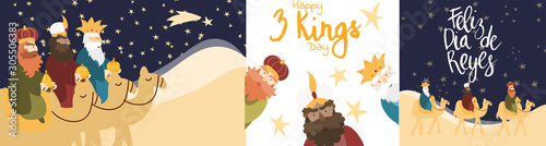 Vector illustration cards template set for Epiphany celebration. Cute cartoon character of three wise men. Caption translation: Happy Three Kings Day