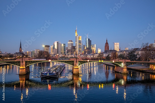 Frankfurt am Main  Ignatz-Bubis-Br  cke  Cargo Ship  Skyline  Germany