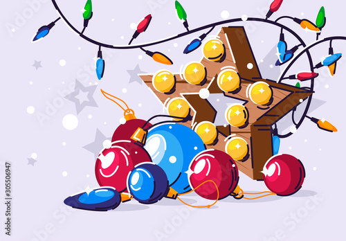 Vector illustration of Christmas tree toys with Christmas colorful garland, decorative element wooden star with bulbs
