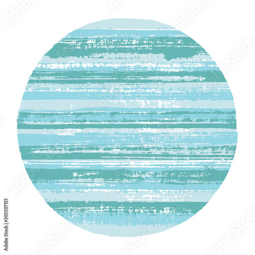 Abstract circle vector geometric shape with striped texture of ink horizontal lines. Old paint texture disk. Badge round shape logotype circle with grunge background of stripes.