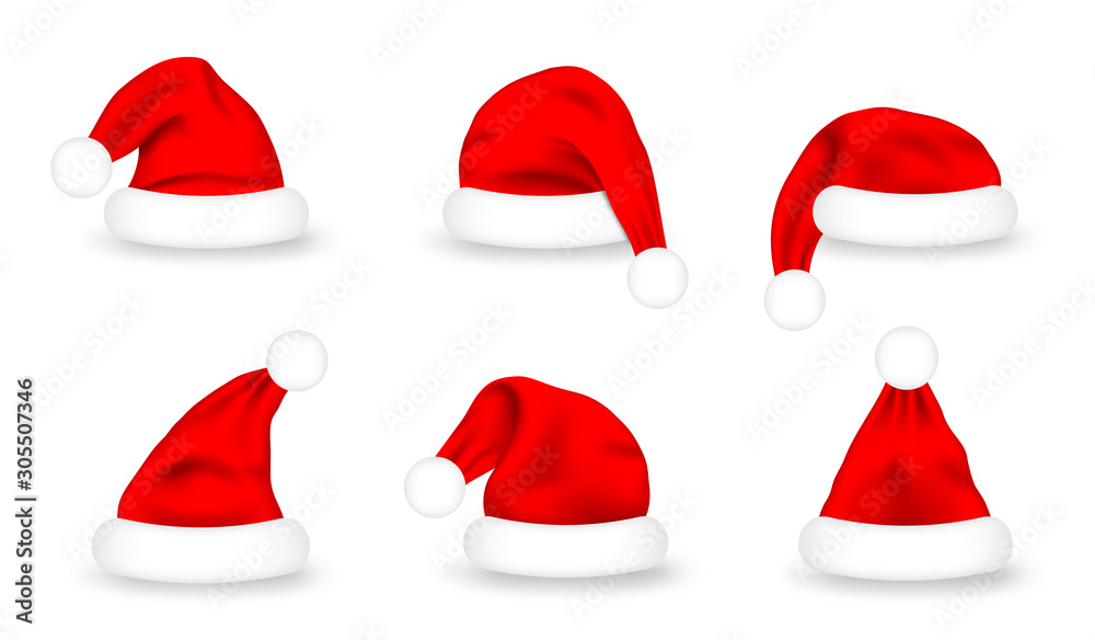 Set of Santa Claus hats. Realistic red Santa Claus caps on white background. Cute Christmas Santa hat for costume and mask, design element Set of Santa Claus hats. Realistic red Santa Claus caps on white background. Cute Christmas Santa hat for costume and mask, design element
