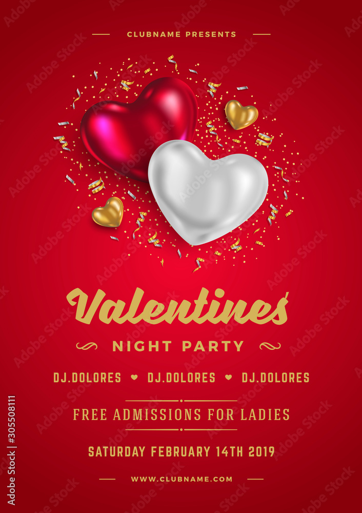 Valentines day party flyer or poster design template invitation or greeting card vector illustration Valentines day party flyer or poster design template invitation or greeting card vector illustration