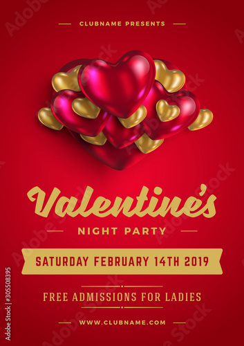 Valentines day party flyer or poster design template invitation or greeting card vector illustration