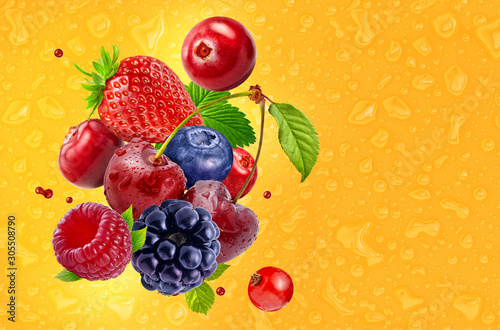 Fototapeta Naklejka Na Ścianę i Meble -  Fresh ripe strawberry, raspberry, blackberry, blueberry, currant, cranberry composition mix on colorful droplets background. Sweet healthy berry forest fruits assorted, mixed media ads design elements