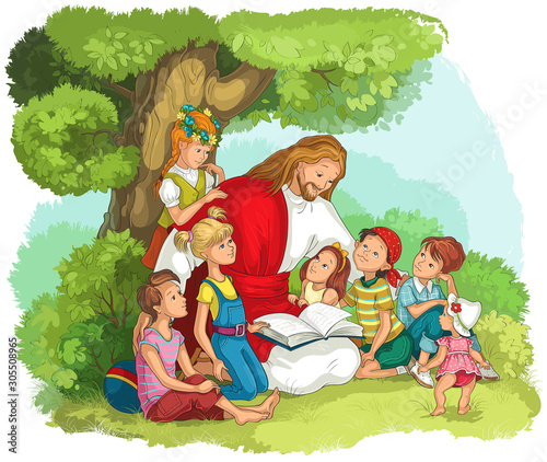 Jesus reading the Bible with Children. Vector cartoon christian illustration