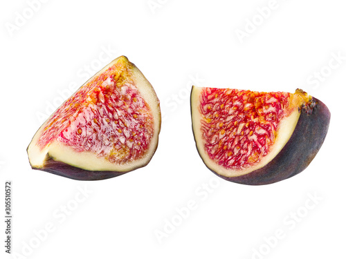 Two slices of purple fig isolated on white background with copy space. Soft, sweet fruit, skin is thin, red flesh has many seeds. Close-up.