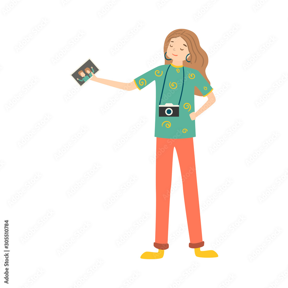 Girl with photo camera standing and holding photo vector illustration Girl with photo camera standing and holding photo vector illustration