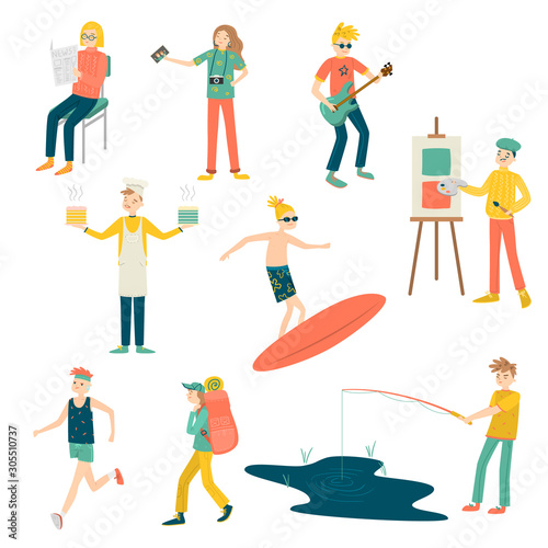 Set of girls and boys doing their hobbies vector illustration