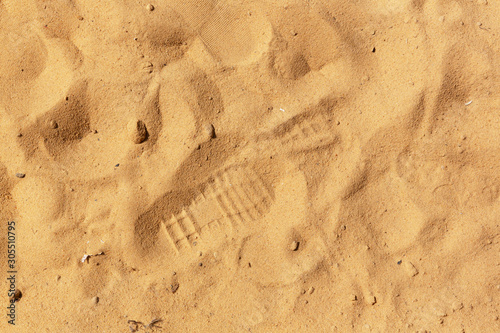 A single boot print on a sandy beach.