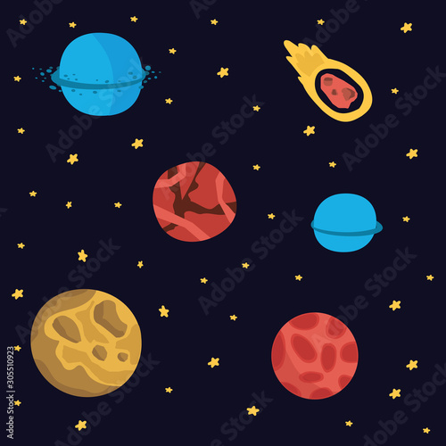 Space, cosmos flat hand drawn. Galaxy exploration cartoon illustration. Childish wallpaper, textile, texture design