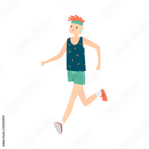 Boy in sportswear jogging and sweating vector illustration