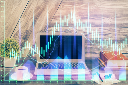 Multi exposure of chart and financial info and work space with computer background. Concept of international online trading.