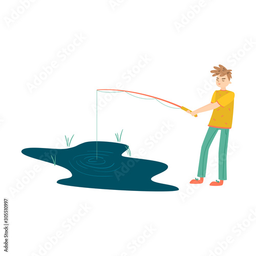 young man standing near lake and fishing vector illustration