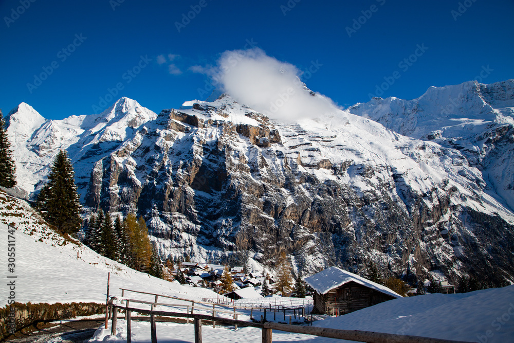 Fototapeta premium idyllic Swiss village Murren in the mountains in winter