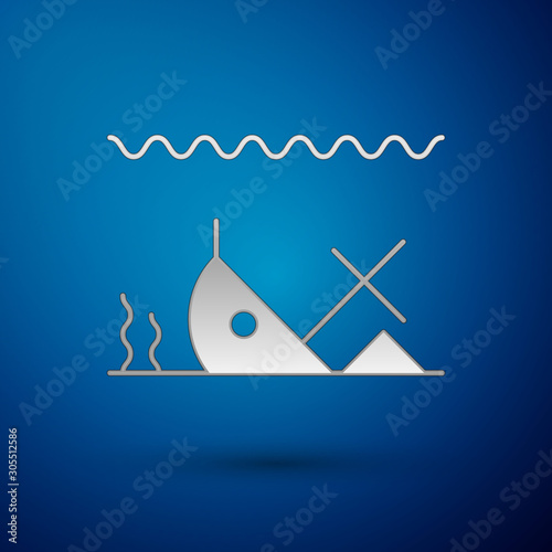 Silver Sunken ship at the bottom of the sea icon isolated on blue background. Vector Illustration