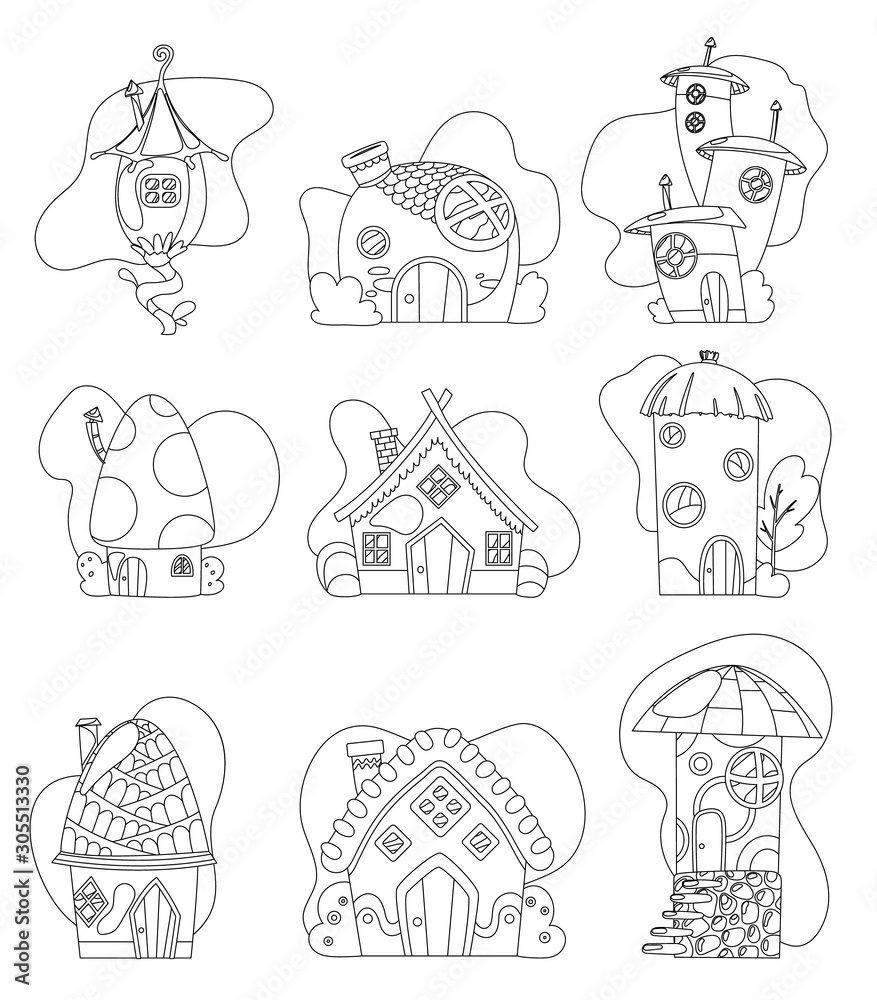 Fototapeta premium Fantasy house set vector cartoon fairy treehouse and housing village coloring illustration set of kids fairytale playhouse isolated on white background.