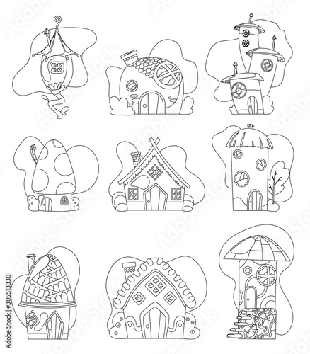 Fantasy house set vector cartoon fairy treehouse and housing village coloring illustration set of kids fairytale playhouse isolated on white background.