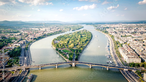 Aerial photo shows the Margaret Island and the Margaret Bridge in Budapest, Hungary