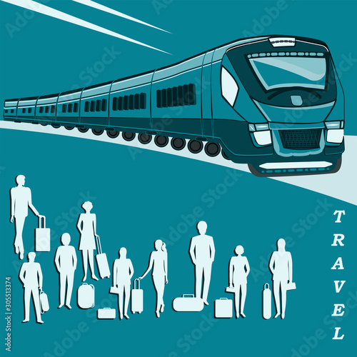 Travel by train. Passengers with luggage on the platform - vector. Excursion to the train.