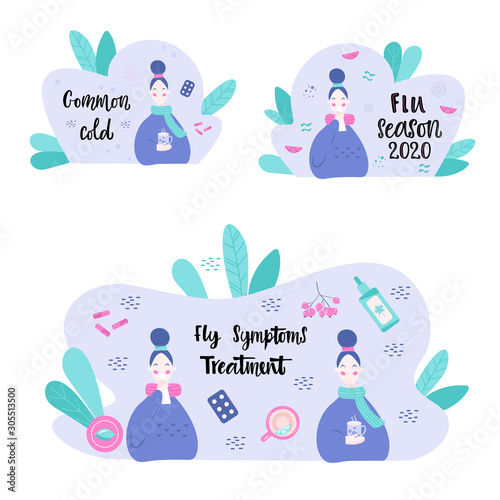 6. Set of ill or cick young women having influenza, common cold or infection and recovering.Vector illustration in flat cartoon style.