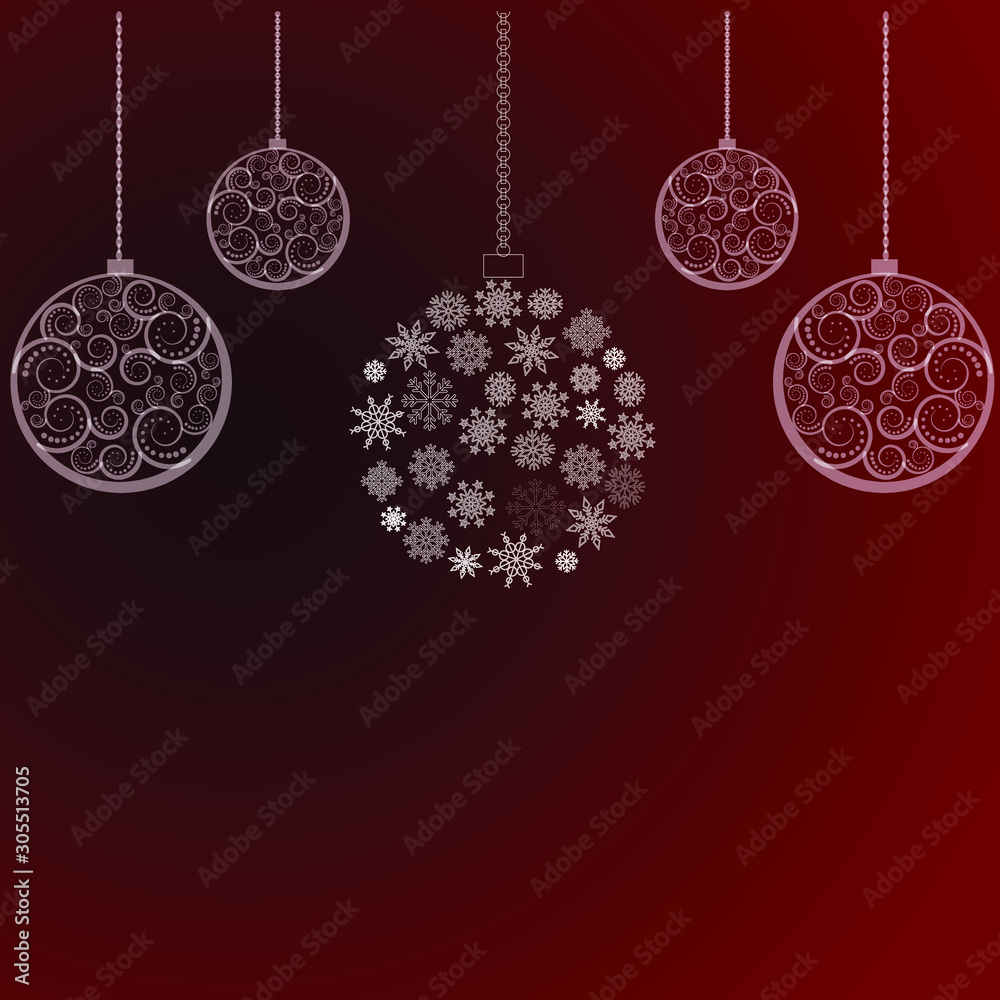 christmas card with white christmas balls on red background with copy space, vector christmas decoration design christmas card with white christmas balls on red background with copy space, vector christmas decoration design