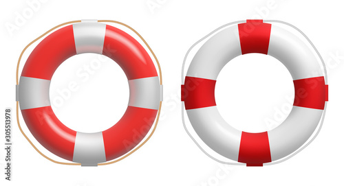 Realistic red and white lifebuoy whith a rope. Vector safety torus. photo