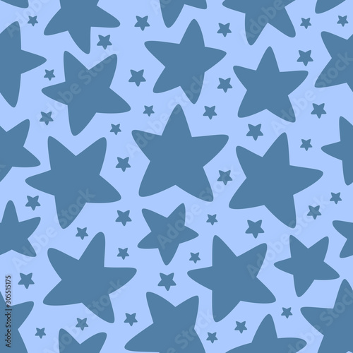 Stars seamless pattern on blue. Christmas holiday background..Night sky with little and big stars. SImple illustration for wrapping paper.