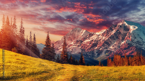 Awesome alpine highlands in sunny day. Scenic image of fairy-tale Landscape with colorful sky under sunlit, over the Majestic Rock Mountains. Wild area. Megical Natural Background. Creative image