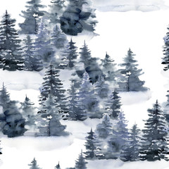 Fototapete Waldmuster Verschneite Tannen im Winternebel Aquarell  © yuliya_derbisheva
