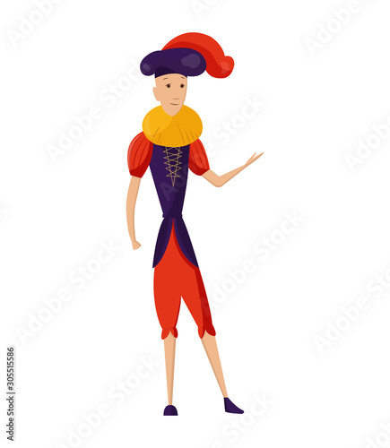 Renaissance clothing vector man character in medieval fashion vintage dress. Historical royal clothes illustration. Baroque people in artistic costume cloth isolated on white background