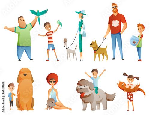 Collection of people with pets isolated on white background. Set of men and women holding their domestic animals. Bundle of male and female flat cartoon characters. Colorful vector illustration