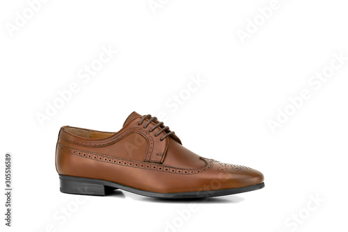 Brown brogue leather derby isolated on white.