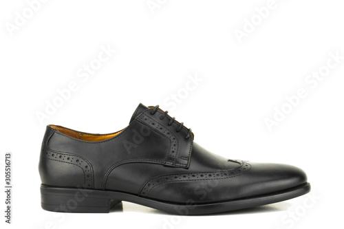Vászonkép Black leather derby isolated on a white background.