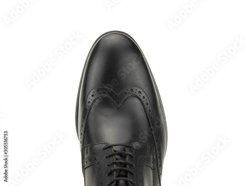 Black leather derby isolated on a white background.