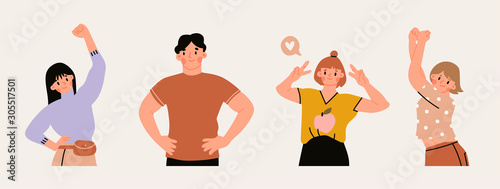 Young man and women in trendy clothes reveal various emotions. Mood expression. Modern fashion look. Hand drawn vector trendy illustration. Flat design. Cartoon style. All elements are isolated